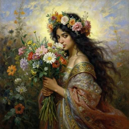 portrait oil painting, a beautiful young dark woman, floral headdress, hiding in the flowers, holding a bouquet of flowers, long flowing hair, ornate robe, ultra realistic, wide angle, intricate details, artifacts, luminous skies, highly detailed, michael cheval, peter mohrbacher, boris vallejo, jessica rossier, oil painting, highly detailed, cinematic lighting