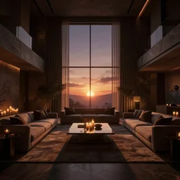 videogame screenshot of a very dark dreamy sunset luxury maximalist living room, candlelight, sunset glow, dark shadows, god rays, chiaroscuro, wood concrete marble finishes, octane render, volumetric lighting, raytracing, symmetrical wide shot low angle