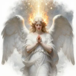 renaissance painting of white angel!!! beautiful face, no gender!!!, miracle light coming overhead!!, a lot of stars overhead!!!, fire around the head!, by jan van eyck, misty space, grace and blessing, sfumato effect, christianity, holography, glow effect, large strokes, soft shadow and light, highdetailed, white background