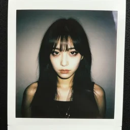 polaroid photograph of a japanese girl with emo makeup and long hair, bangs