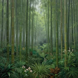 bamboo forest, lot of exotic vegetation, trees, flowers, dull colors, in the foggy huge forest, by tristan eaton, hyperrealism, intricate detailed