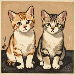 1940s woodblock print of two kittens, earthtone colors,