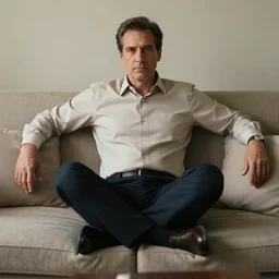 full body photo of steve, mature male, mysterious face. he is a doctor. he is sitting gracefully on a sofa, elegant slim beige shirt. he has stately tummy
