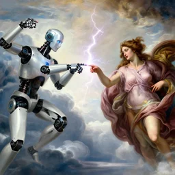 a godly robot and a human woman touch by their finger tips, exchanging lightning of beautiful energy through their fingers, pink nails concept art, white clouds, cinematic, inspired by the creation of adam by michelangelo, classical painting