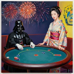 hyper - realistic composition of a room with an extremely detailed poker table, woman in traditional japanese kimono standing nearby, darth vader sitting at the table, fireworks in the background, pop art style, jackie tsai style, andy warhol style, acrylic on canvas, dull palette