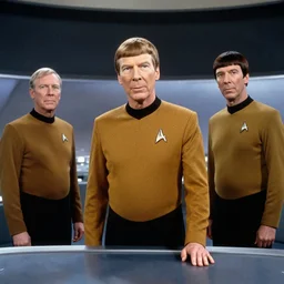 a screencap of captain kirk, mr. spock and doctor mccoy on the bridge of the enteprise, in star trek the original series