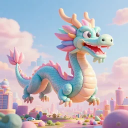 patel coloured, elaborate, giant, massive, detailed, 3 d, pastel, blowup balloon dragon with eyes and mouth, twisting geometry, floating in a 3 d painted, pastel sky, cinematic, 3 d designed city, 4 k by'eva cremers'and'lesley barnes'and'jordan coelho'