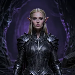 portrait drow princess with face of kate beckinsale in underdark, female, attractive, chainmail armor, underground huge cave background, purple an dark colors by alex aparin, rob alexander, daren bader, john - paul balmet, digital photo, sharp focus, 8 k, intricate, high detail