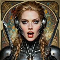 striking sensual industrial art nouveau style portrait of kitty pryde as an ironpunk black metal rebel soldier by micgael kaluta, simon bisley and alphonse mucha, photorealism, extremely hyperdetailed, perfect symmetrical facial features, perfect anatomy, ornate declotage, weapon, latex, excited expression, wild eyes