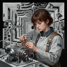 fine portrait of a void engineer girl in the style of brecht evens focused on fixing samsara generator in the style of mc escher, intricate, stunning