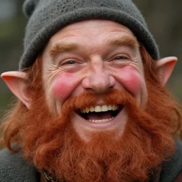 closeup portrait of a dwarven bard, happy, laughing, rosy cheeks, red beard, freckles, art by h. r. giger