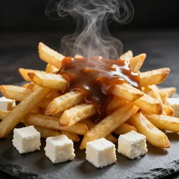 french fries pile, steaming, brown gravy, white cubic cheese curds, food photography
