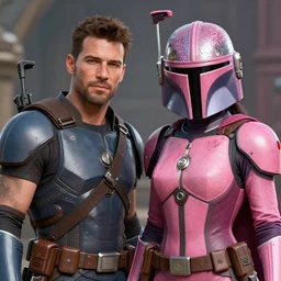 bo katan, koska reeves, and a very fancy female mandalorian in a pink suit and bedazzled helmet. digital art. photo realistic. 4 k. intricate. detailed. by krenz cush art simon gets her.
