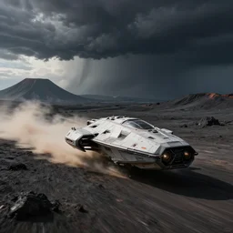a fierce space ship racing through a black!!! vulcanic desert, storm clouds and deep abyss in the background, 4 5 ° view, dust cloud trailing, action shot, soft natural lighting, natural colors, angular sci - fi vehicle, motion blur, by sid mead and simon stalenhag and james gurney, intricate detail, octane render, unreal engine