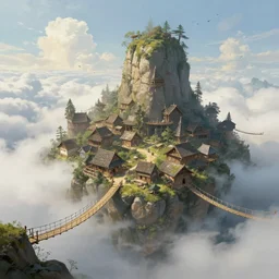 peaceful village built on clouds, d & d, rope bridges, birds in background, high fantasy, detailed, digital painting, realistic, landscape by jonathan berube