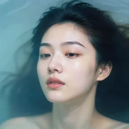 portrait photography of a woman's face floating in translucent opaque water. kodak. hq.