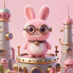 shaggy furry round rabbit with steampunk glasses, standing in the top of a steampunk building, art by ovopack, tatsuro kiuchi, yoji shinkawa, cute, cartoon, 3 d art, 8 k, c 4 d, unreal engine, fantasy, pink color scheme, perfect lighting, smooth, digital art, concept art, trending on artstation