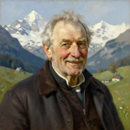 portrait of a smiling elderly man, in the Swiss Alphs, painting by Albert Edelfelt, by Artgerm