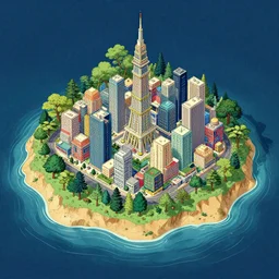 3 d isometric botanical illustration of a small city in an island surrounded by water, diego rivera in ukiyo - e style, variation 1, cyberpunk, hd