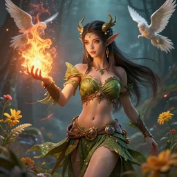 beautiful girl druid, witch - doctor exploding into flowers, angels, 3 d render, hyper - realistic detailed portrait, holding fire and electricity, ruan jia, wlop. scifi, fantasy, magic the gathering, hyper detailed, octane render, concept art, peter mohrbacher