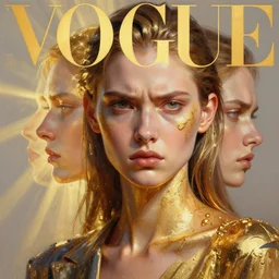 3 d, close - up, frowning fashion model, liquid gold, morning, sun rays, vogue cover style, poster art, hyper detail, intricate oil painting, multiple exposure, hell mood, 3 d, by tooth wu and wlop and beeple and greg rutkowski