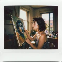 instax polaroid film photo of a woman painting an eerie self portrait in a sunroom, nostalgia, faded glow, expired film analog photography, grainy texturized dusty, saturated colorized