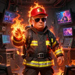 character art by ruan jia, donald trump dressed as a firefighter wearing wayfarer glasses and red baseball hat, on fire, fire powers, room filled with wiring and electronics with monitors at a rock concert