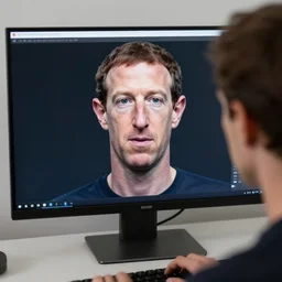 pavel durov looks at the monitor, the monitor shows mark zuckerberg's face in 3 d graphics, technology realism, 8 k detail, soft light, depth of field, focus