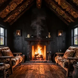 photorealistic interior rendering of a hebridean crofter's black house dwelling, in scotland, open fire in center of room, smoke, wooden furtniture, turf roof, volumetric lighting, unreal engine render