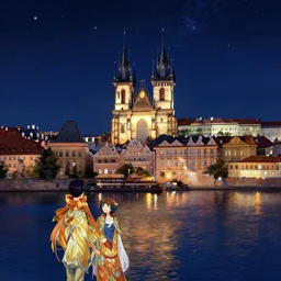 a view from the river of prague at night with the sky full of stars, intricate, elegant, highly detailed, digital painting, artstation, concept art, smooth, sharp focus, colored illustration, art by krenz cushart and artem demura and alphonse mucha, anime wallpaper