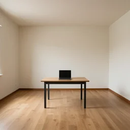 A 10ft by 10ft room empty except for a laptop computer on a table in the middle, table is centered