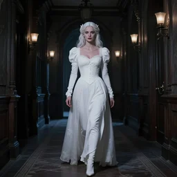 Halloween film, Scene where a woman in white walking dark hallways in old mansion at midnight , view from front