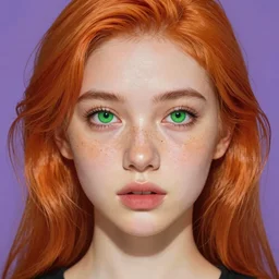 portrait Girl with orange hair and freckles, green eyes fine face pretty face, realistic shaded Perfect face, purple background, fine details , fine details. Anime, by Ilya Kuvshinov and Gustav Klimt