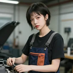 a beautiful androgynous punk girl with short hair who is a mechanic wearing overalls with a utility bag and holding a wrench, digital illustration, digital concept art, digital painting, decorative background, trending on artstation