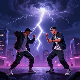 Lightning storm rap battle, digital art, vapor wave, hip hop, blade runner, trending on Artstation, professional artist, detailed, 4k