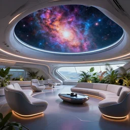ultra modern concept design of a vast spaceship interior, futuristic chairs and sofas can be seen in the foreground, a large colorful nebula can be seen from a window, large plants in the background, in the style of Guardians of the Galaxy and Blade Runner and Ruan Jia, wide angle shot C 3.0