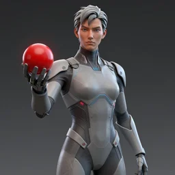 a man in a futuristic suit with a red ball in his hand, an ambient occlusion render by Shinji Aramaki, featured on zbrush central, toyism, rendered in unreal engine, polycount, hard surface modeling