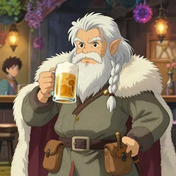 a dwarf with long white hair and braided beard, holding a mug of beer, a lot of pockets, fur cape, tavern background, magical, bright, colorful, fantastic lighting, amazing details, 4 k uhd, illustration by hayao miyazaki and makoto shinkai and ilya kuvshinov, artstation, pixiv,