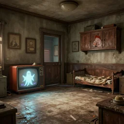 artstation scifi scene of a shabby american room in 1 9 7 0 s, shabby room, old tv, tile floor, a fat house plays dungeons and dragons with ghost ， cabinets, cot, paneled walls, unreal engine 5, hyper realism, realistic shading, cinematic composition, blender render, octane render, hdr, detailed textures, photorealistic, wide shot