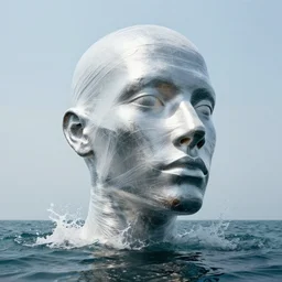 a giant abstract sculpture of a human head wrapped in cling film on the ocean water, in the style of chad knight, award winning, cinematic, hyper - realistic, very detailed, realistic water splashes, ray tracing, 8 k resolution, long - shot, sharp focus, low angle, 8 5 mm photograph, wide lens