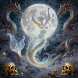 concept art of translucent glowing curvy mermaid dancing, big booty, flowy, melting, round moon, swirly clouds, very detailed, volumetric light, mist, fine art, textured oil over canvas, dragons, epic fantasy art, very colorful, ornate intricate scales, gold skulls, fractal gems, 8 k, hyper realistic, high contrast