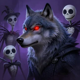 portrait of payday 2 member wolf red glowing eyes, the nightmare before christmas movie style characters, profile picture, highly detailed, digital painting, artstation, concept art, smooth, sharp focus, illustration, art by artgerm, bob eggleton, wayne barlowe, trending on artstation, 8 k