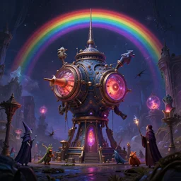 teleportation machine in a fantasy world, with wizards and other magical creatures using it to travel around, style of dark rainbow