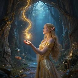 an elven woman offering golden glitter magic that is floating into a gateway to the dream dimension, fantasy, art station, artgerm