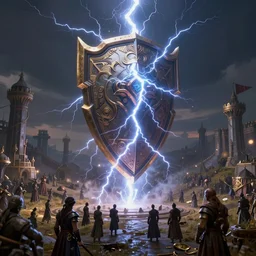 powerful thick lightningwall firewall energyshield in the middle of an open medieval battlefield, highly intricate details, trending on artstation, cgsociety, 8 k, cinematic, unreal engine, octane render, illustration digital painting, sharp focus, art by wlop and greg rutkowski, rule of thirds, golden ratio, ambient lighting