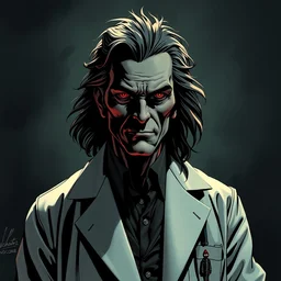 a doctor turned vampire wearing lab coat, portrait, wide shot, moody light, dark colors, illustration, pop art, graphic novel, art by geof darrow, ashley wood, alphonse mucha