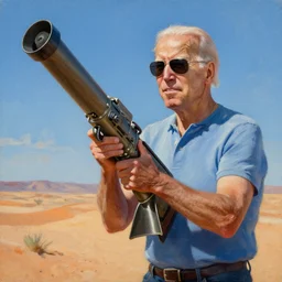 Joe Biden holding a rocket launcher in the desert, oil painting, wearing sunglasses, epic