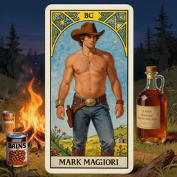 a dramatic, epic, ethereal tarot painting of a handsome shirtless cowboy with a beer belly | background is a serene campfire | cans of beans and jugs of whisky | tarot card, art deco, art nouveau | by Mark Maggiori | trending on artstation