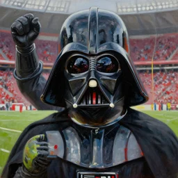 Darth Vader happily cheering in the stands at a football game oil on canvas, intricate, portrait, 8k highly professionally detailed, HDR, CGsociety