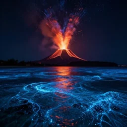 volcano erpution at the Sea Of Stars of Vaadhoo Island Maldives, intense lava, Bioluminescent sea plankton that shines multiversal during the night, makes the sea area glowing water, ethereal and dreamy, art by Peter Mohrbacher